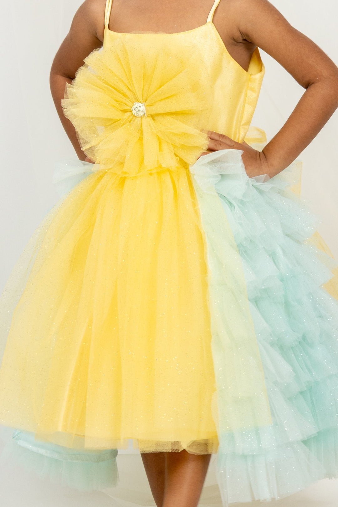 The Nesavu Party Frock Yellow With Blue Party Wear Soft Net Cotton Gown For Baby Girls psr silks Nesavu