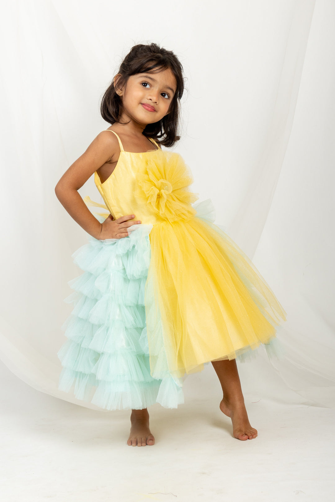 The Nesavu Party Frock Yellow With Blue Party Wear Soft Net Cotton Gown For Baby Girls psr silks Nesavu