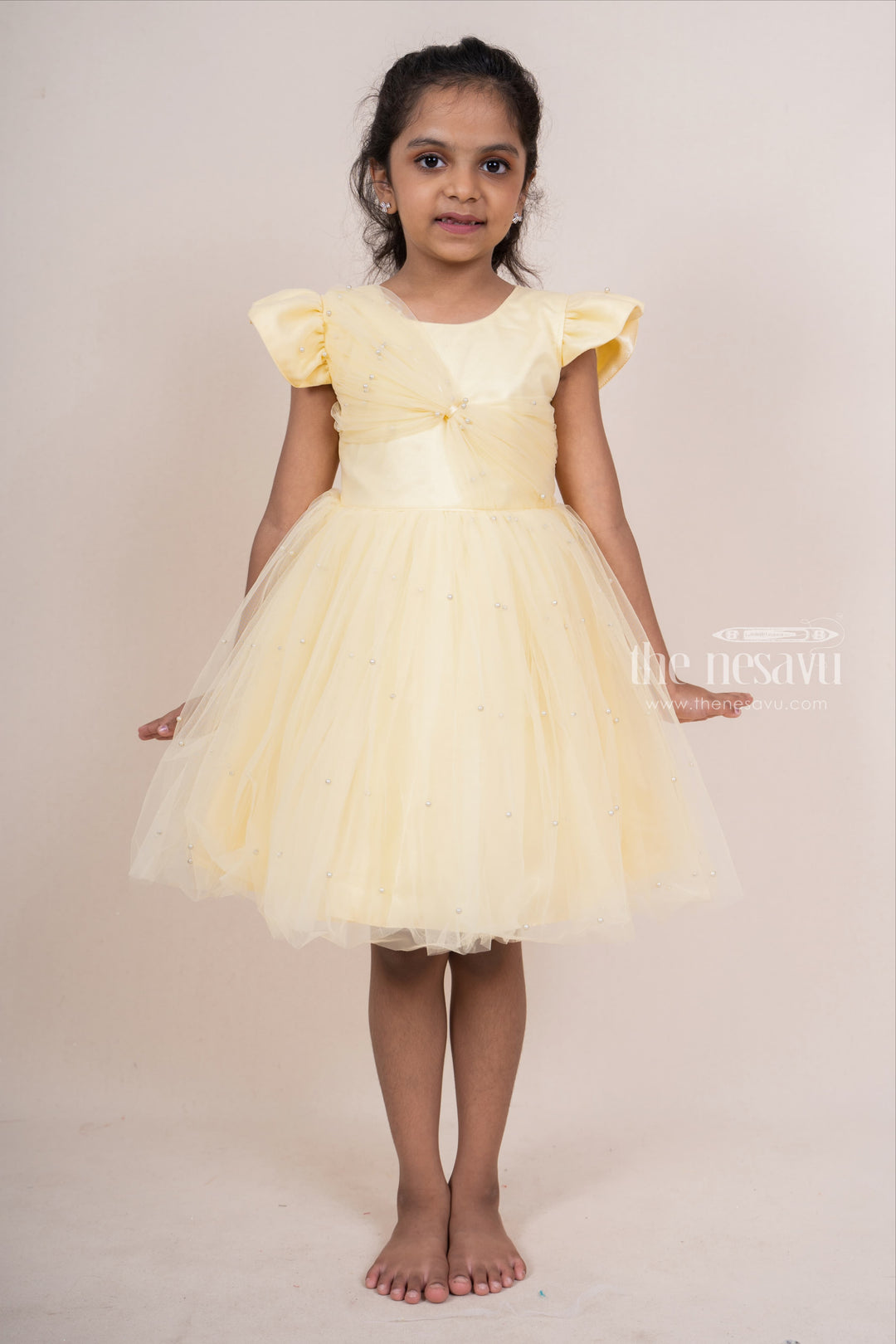 The Nesavu Party Frock Yellow With Bow Trimmed Party Gown For Baby Girls psr silks Nesavu 16 (1Y) / yellow PF81B