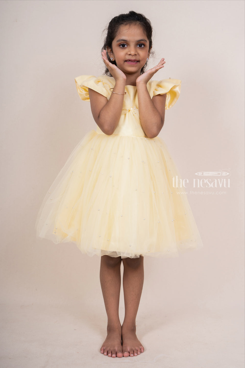 The Nesavu Party Frock Yellow With Bow Trimmed Party Gown For Baby Girls psr silks Nesavu