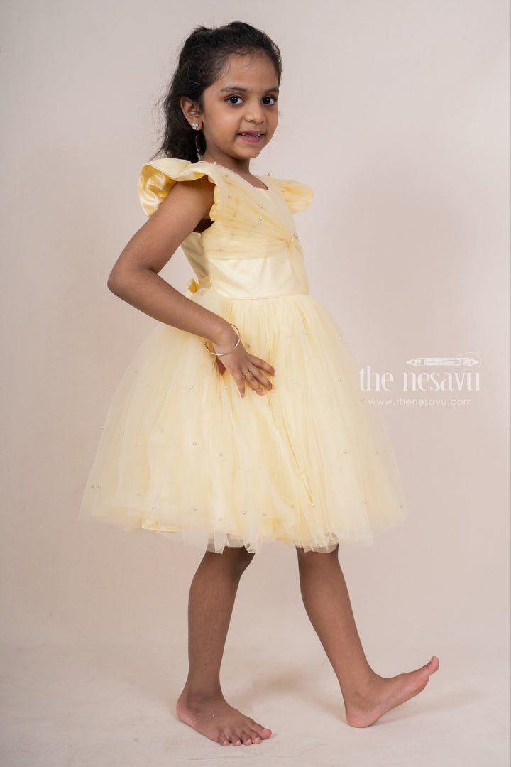The Nesavu Party Frock Yellow With Bow Trimmed Party Gown For Baby Girls psr silks Nesavu