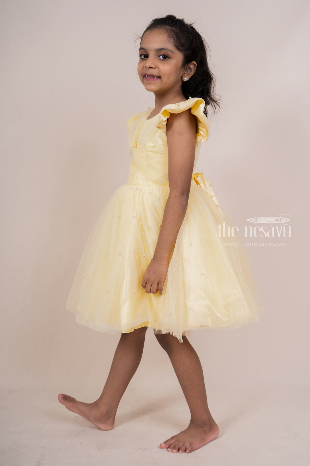 The Nesavu Party Frock Yellow With Bow Trimmed Party Gown For Baby Girls psr silks Nesavu