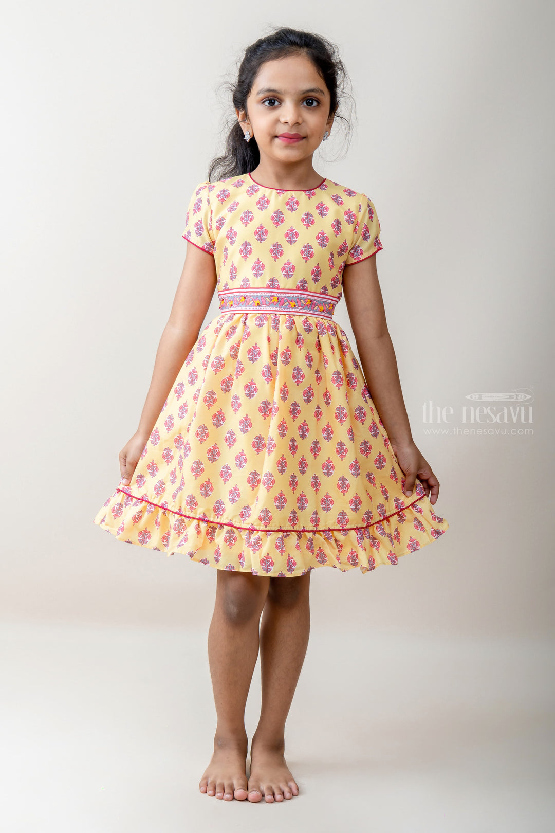 The Nesavu Frocks & Dresses Yellow With Floral Printed designs Casual Cotton Wear psr silks Nesavu 16 (1Y ) / yellow GFC954B