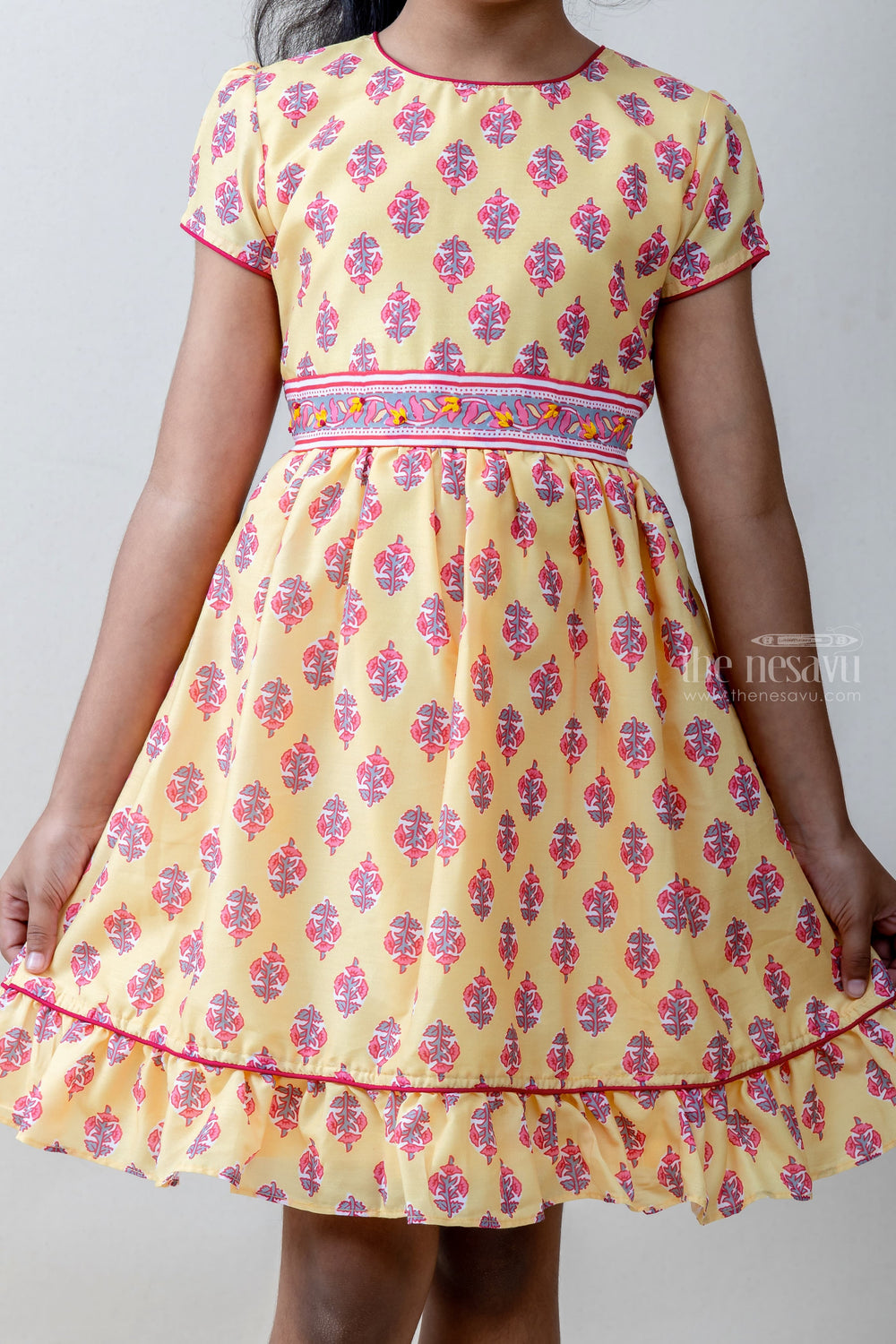The Nesavu Frocks & Dresses Yellow With Floral Printed designs Casual Cotton Wear psr silks Nesavu