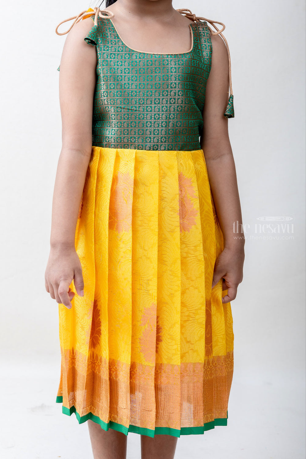 The Nesavu  Tie-up Frock Yellow With Green Muslin Silk Korva Border Tie-Up Frock For New Born Baby Girls psr silks Nesavu