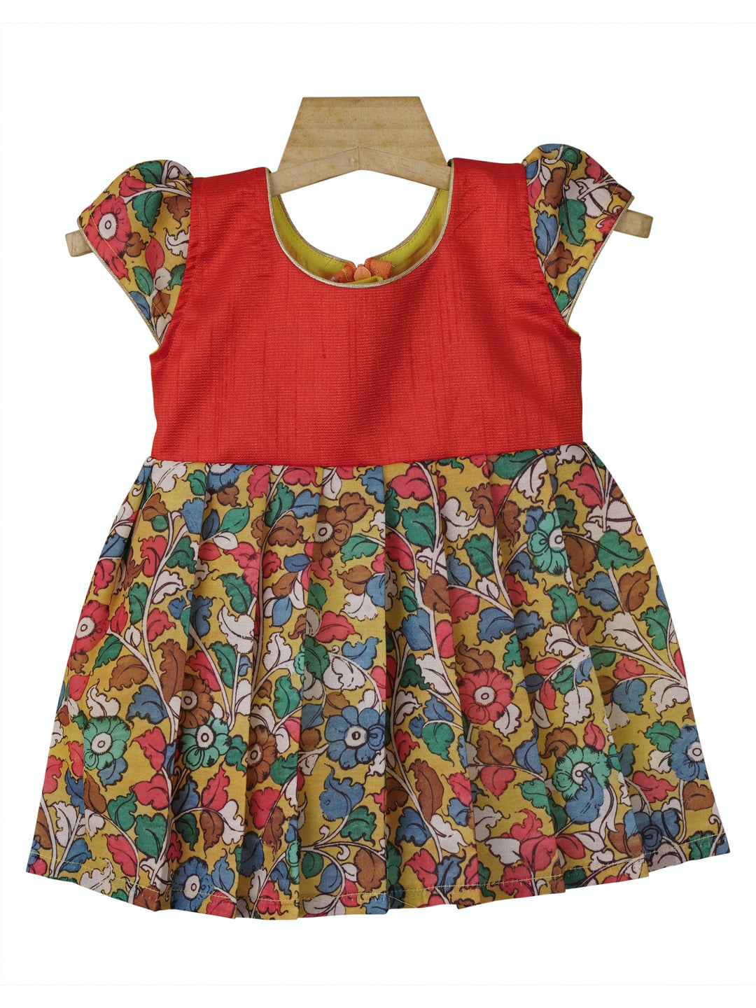 The Nesavu Silk frocks Yellow With Orange Printed Silk Cotton Dresses For Girls Kids psr silks Nesavu 12 (3M) / Red SF399