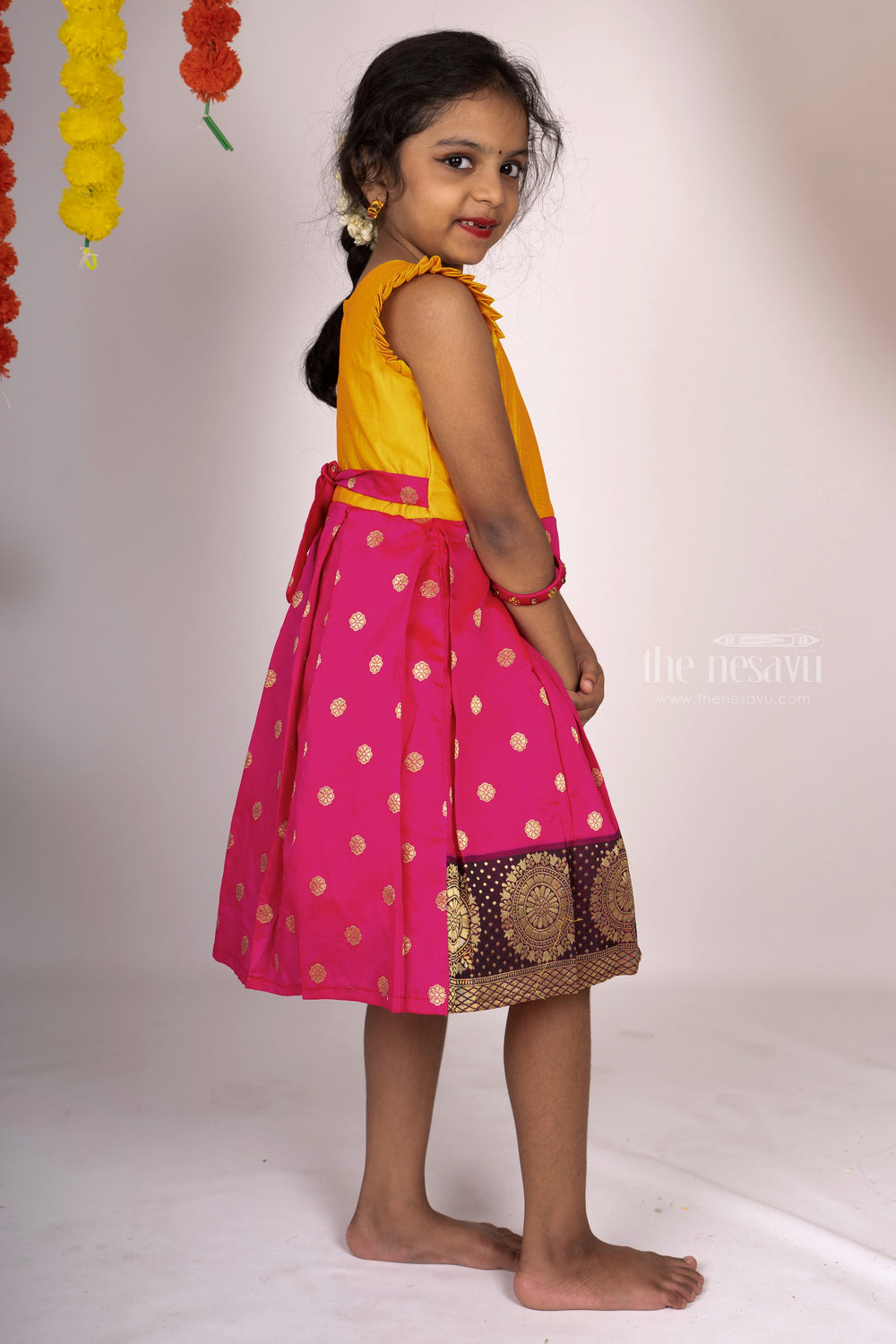 The Nesavu Silk Frocks Yellow With Pink Embroidery Silk Gown With Ruffle Sleeves For Baby Girls psr silks Nesavu