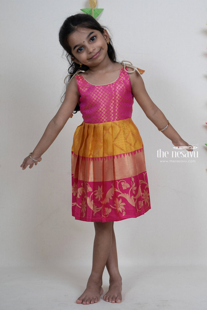 The Nesavu Tie up frocks Yellow With Pink Kanchipuram Silk Jacquard Yoke Tie-Up Gown For New Born Baby Girls psr silks Nesavu 12 (3M) / Gold T236A