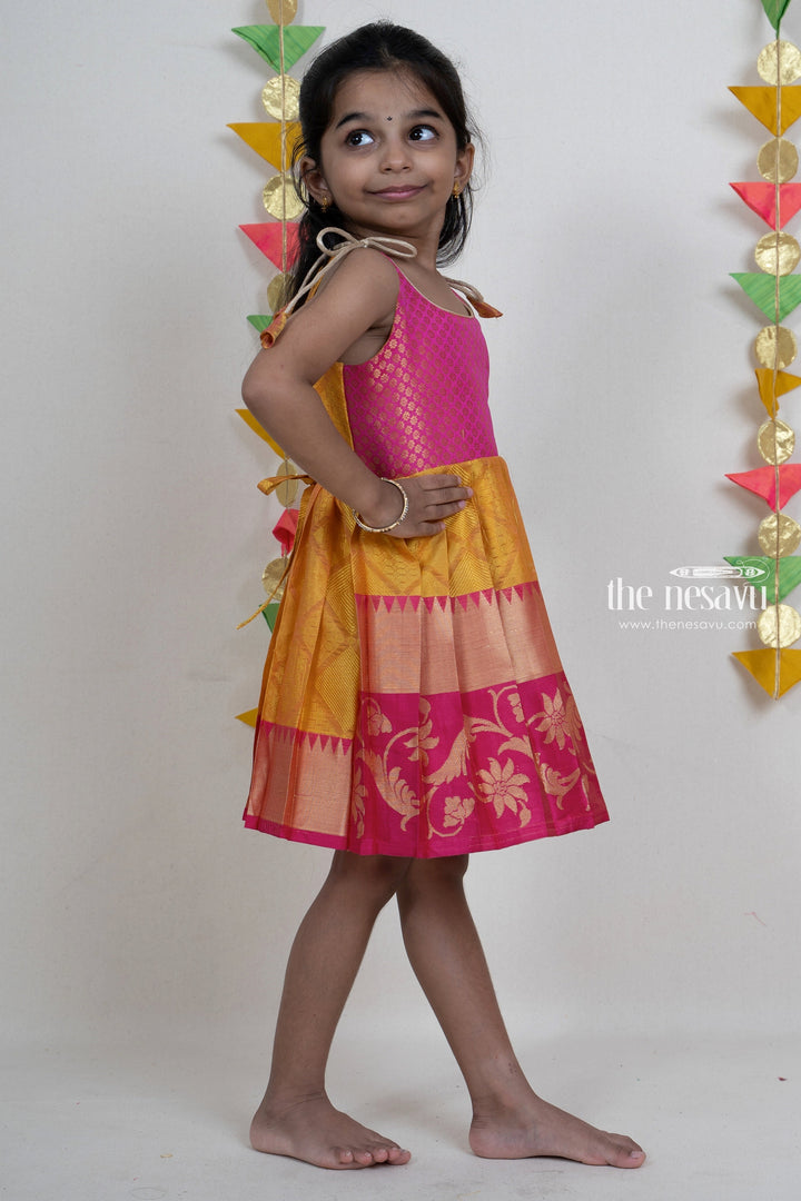 The Nesavu Tie up frocks Yellow With Pink Kanchipuram Silk Jacquard Yoke Tie-Up Gown For New Born Baby Girls psr silks Nesavu