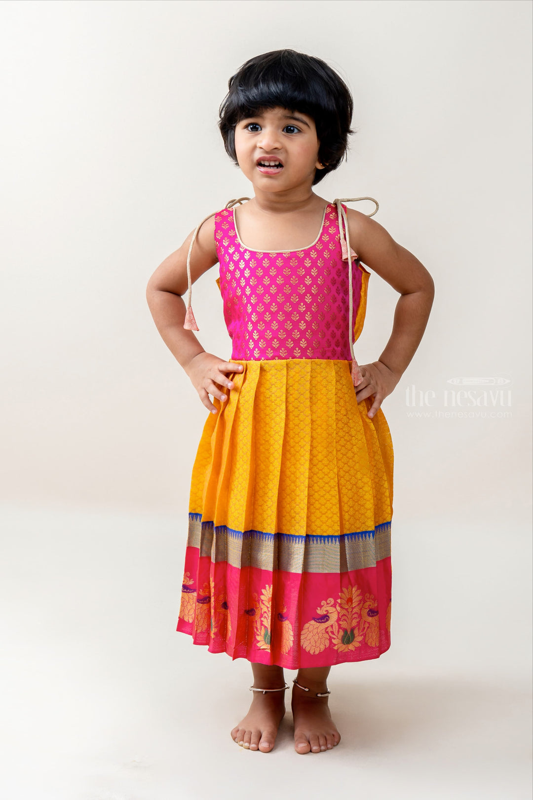 The Nesavu Tie-up Frock Yellow With Pink Muslin Silk Korva Border Tie-Up Frock For New Born Baby Girls psr silks Nesavu 16 (1Y) / yellow T242A
