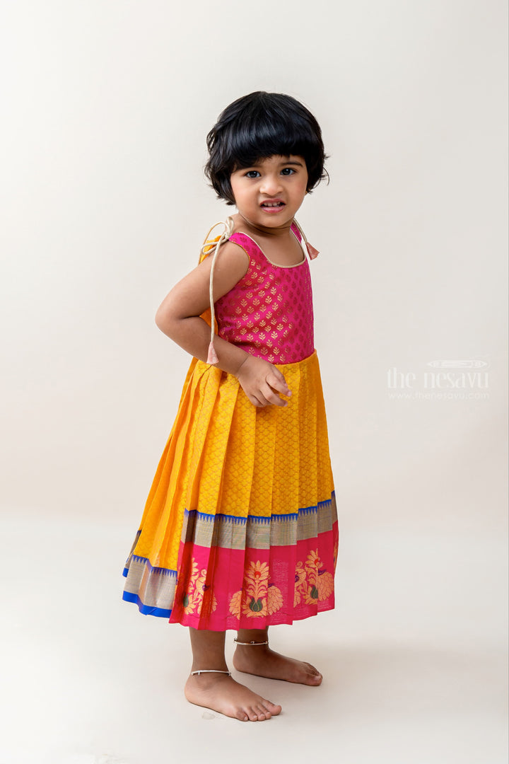 The Nesavu Tie-up Frock Yellow With Pink Muslin Silk Korva Border Tie-Up Frock For New Born Baby Girls psr silks Nesavu
