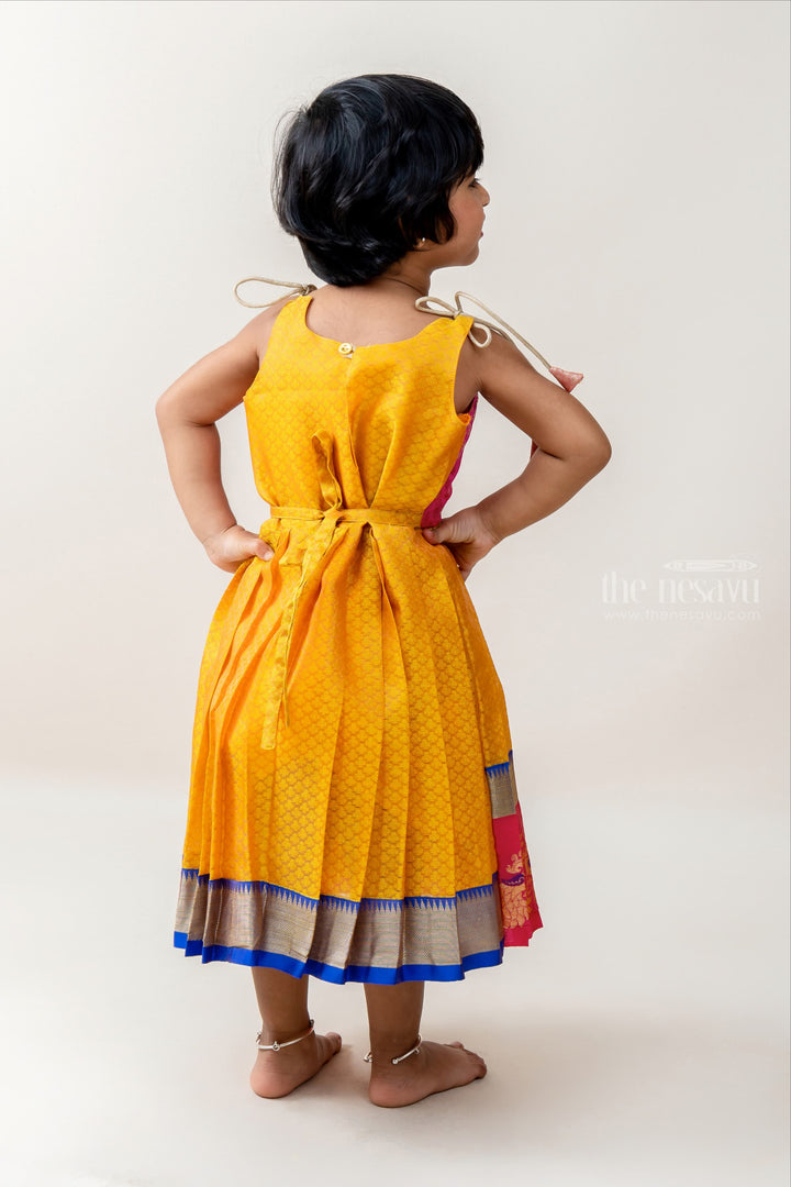 The Nesavu Tie-up Frock Yellow With Pink Muslin Silk Korva Border Tie-Up Frock For New Born Baby Girls psr silks Nesavu