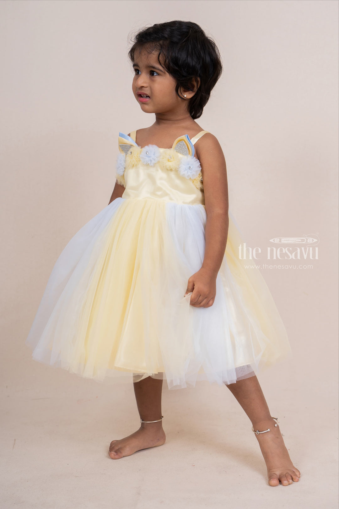 The Nesavu Party Frock Yellow With White Stylish Soft Net Party Gown For Baby Girls psr silks Nesavu
