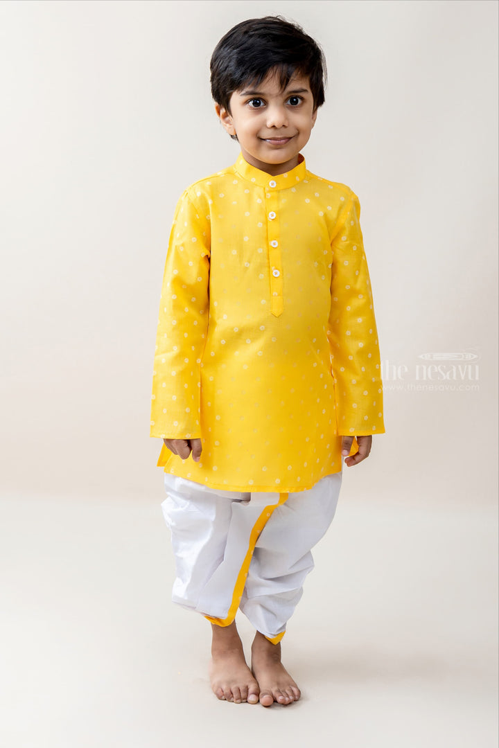 The Nesavu Ethnic Sets Young Master - White Dotted Magical Yellow Kurta With Pachakajam For Boys psr silks Nesavu 14 (6M) / yellow BES233A