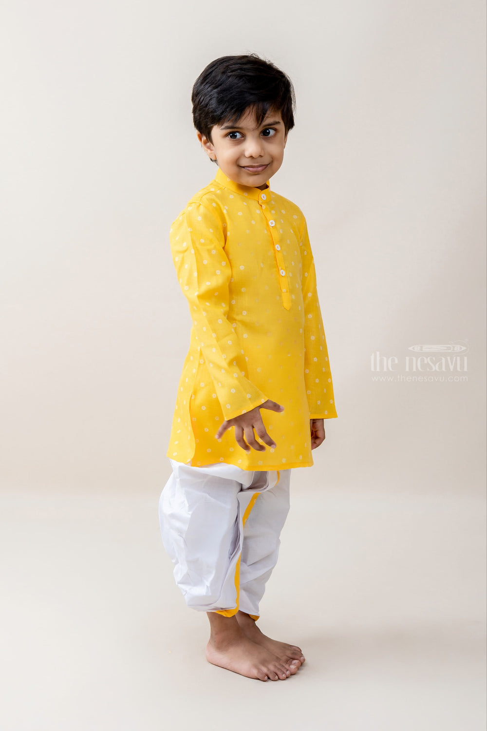 The Nesavu Ethnic Sets Young Master - White Dotted Magical Yellow Kurta With Pachakajam For Boys psr silks Nesavu
