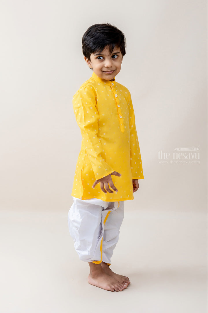 The Nesavu Ethnic Sets Young Master - White Dotted Magical Yellow Kurta With Pachakajam For Boys psr silks Nesavu