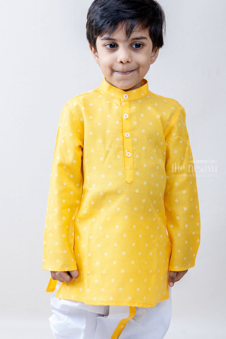 The Nesavu Ethnic Sets Young Master - White Dotted Magical Yellow Kurta With Pachakajam For Boys psr silks Nesavu