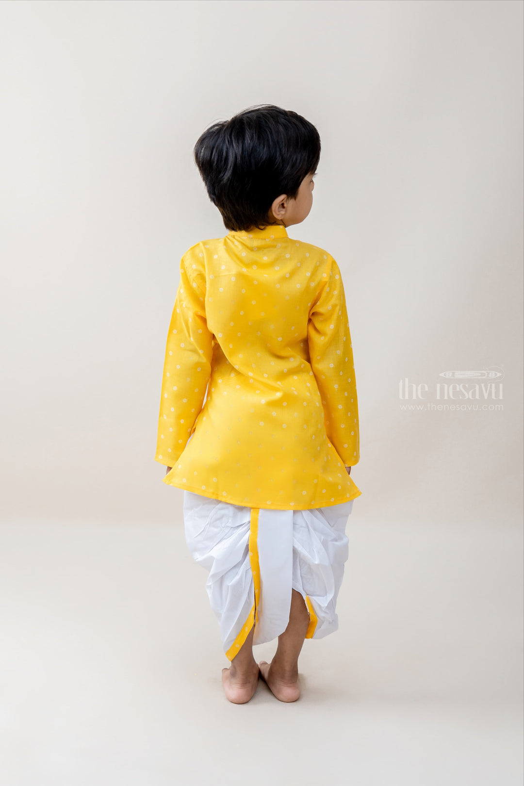 The Nesavu Ethnic Sets Young Master - White Dotted Magical Yellow Kurta With Pachakajam For Boys psr silks Nesavu