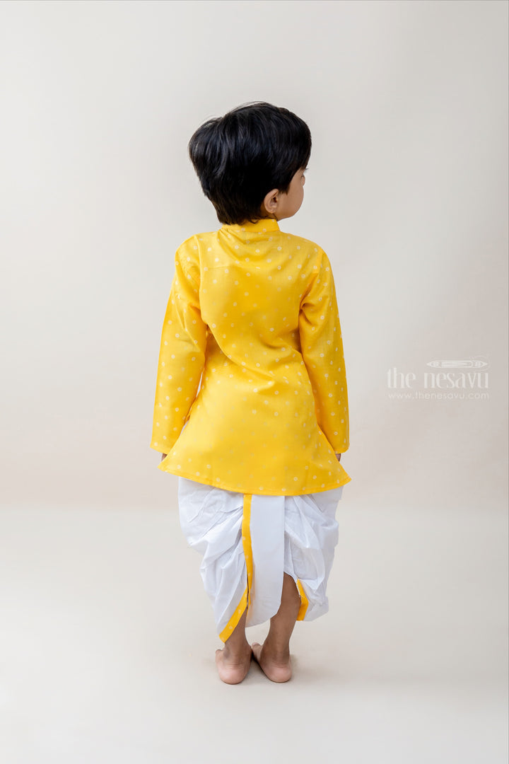 The Nesavu Ethnic Sets Young Master - White Dotted Magical Yellow Kurta With Pachakajam For Boys psr silks Nesavu