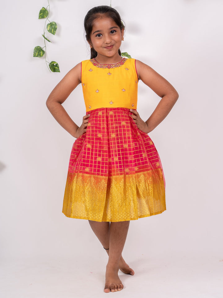 The Nesavu Silk Frocks Zari Checked Organza Silk Frock With Hand Work psr silks Nesavu 12 (3M) / Pink SF099