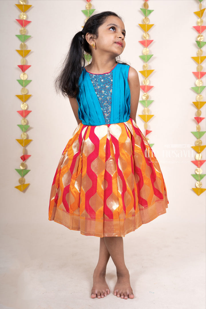 The Nesavu Silk Frocks Zari Designer Brocade Silk Gown With Contrasting Blue Hand Embroidery Yoke For Girls psr silks Nesavu